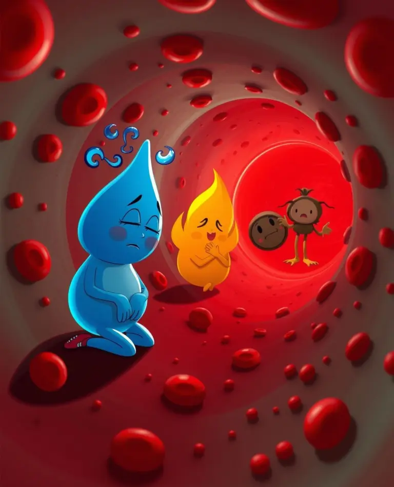 Cartoon characters Kappu, Pittu, and Vatu in a red bloodstream.
