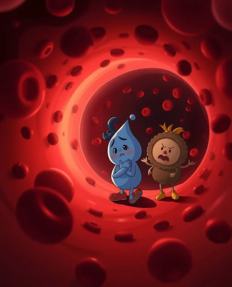 Cartoon characters Kappu and Pittu are weak inside a red bloodstream tunnel with blood cells.