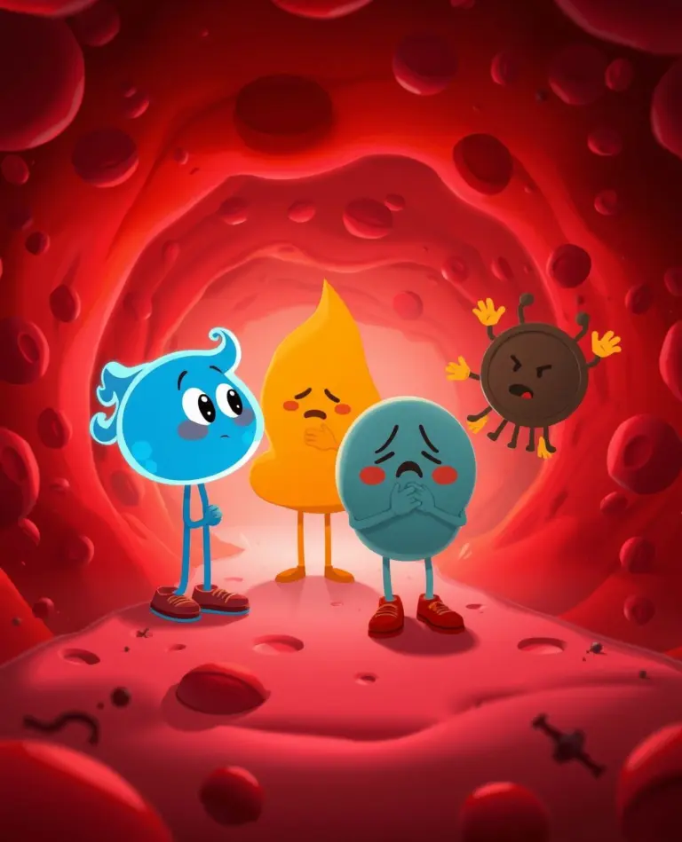 Cartoon characters Kappu, Pittu, and Vatu looking weak inside a red bloodstream.