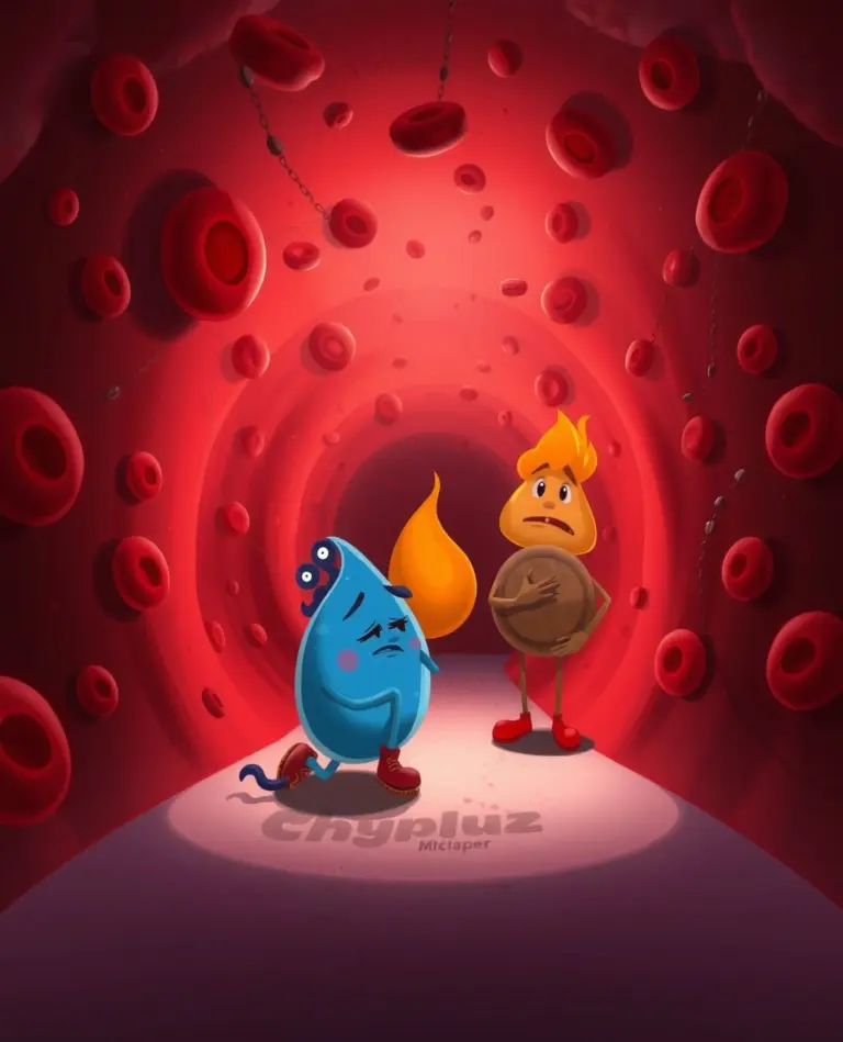 Cartoon characters Kappu, Pittu, and Vatu look ill inside a bloodstream.