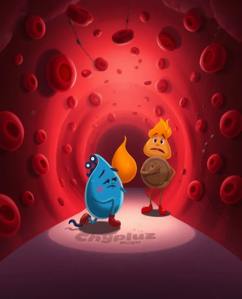 Cartoon characters Kappu, Pittu, and Vatu look ill inside a bloodstream.