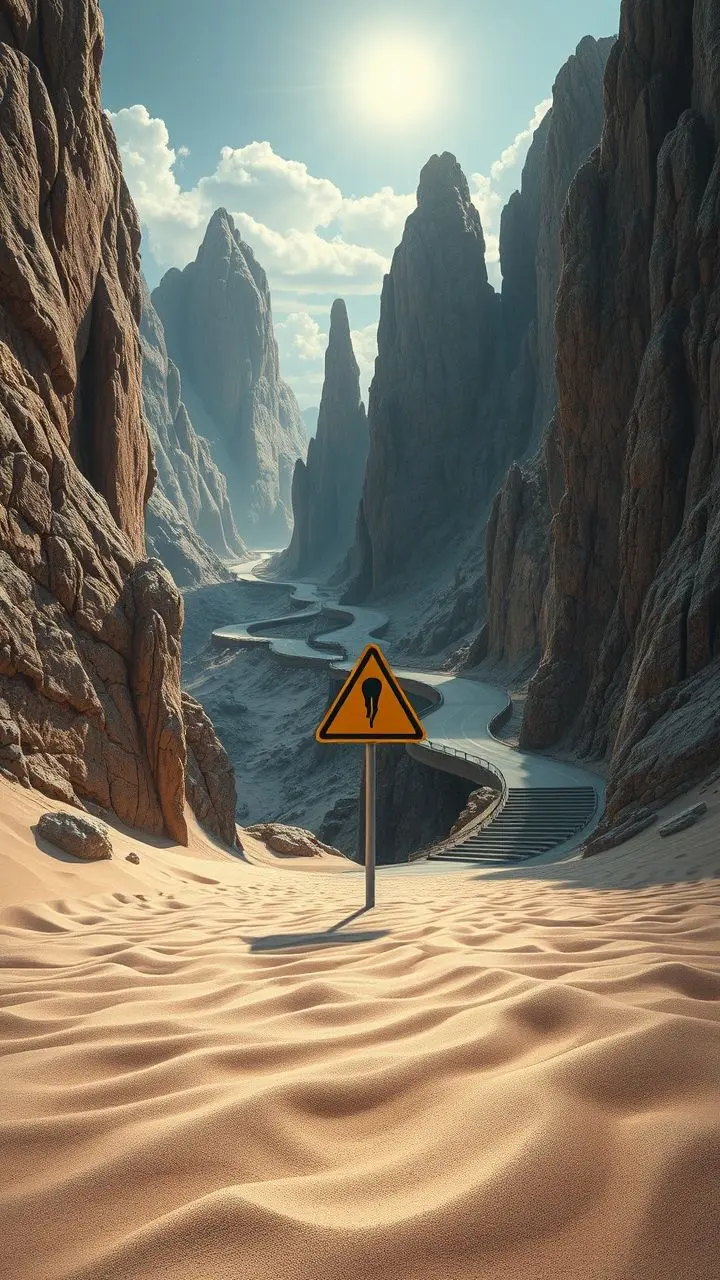 Rugged karst landscape with tall pinnacles, a road, and an avalanche warning sign, set against corroded walls with Art Nouveau patterns.