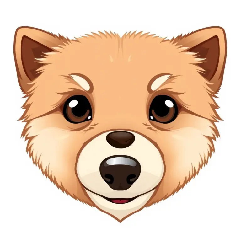 Cartoon dog face, half user image, half AI mirror, fluffy brown and white fur, kawaii style.