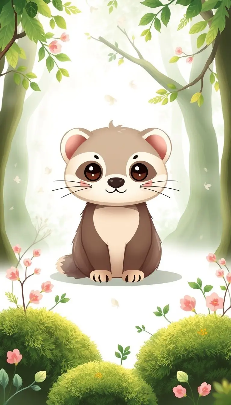 Kawaii marten character with big eyes and a smile, featuring forest accents on a white background.