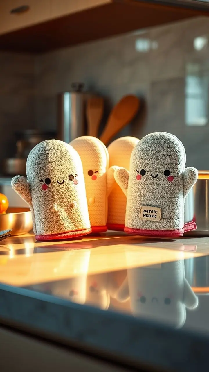 Pastel kawaii oven mitts with cartoon faces on a kitchen counter.