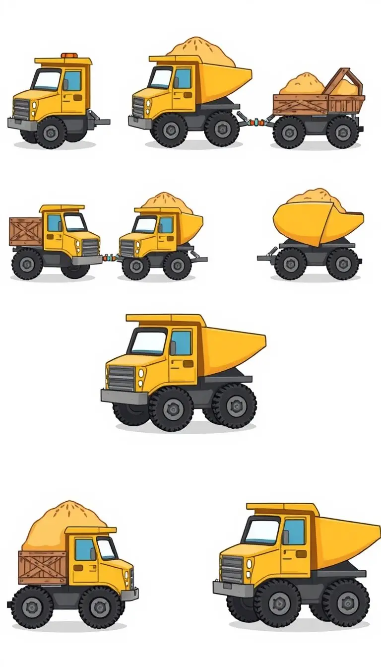 Kawaii sand trucks carrying construction materials.
