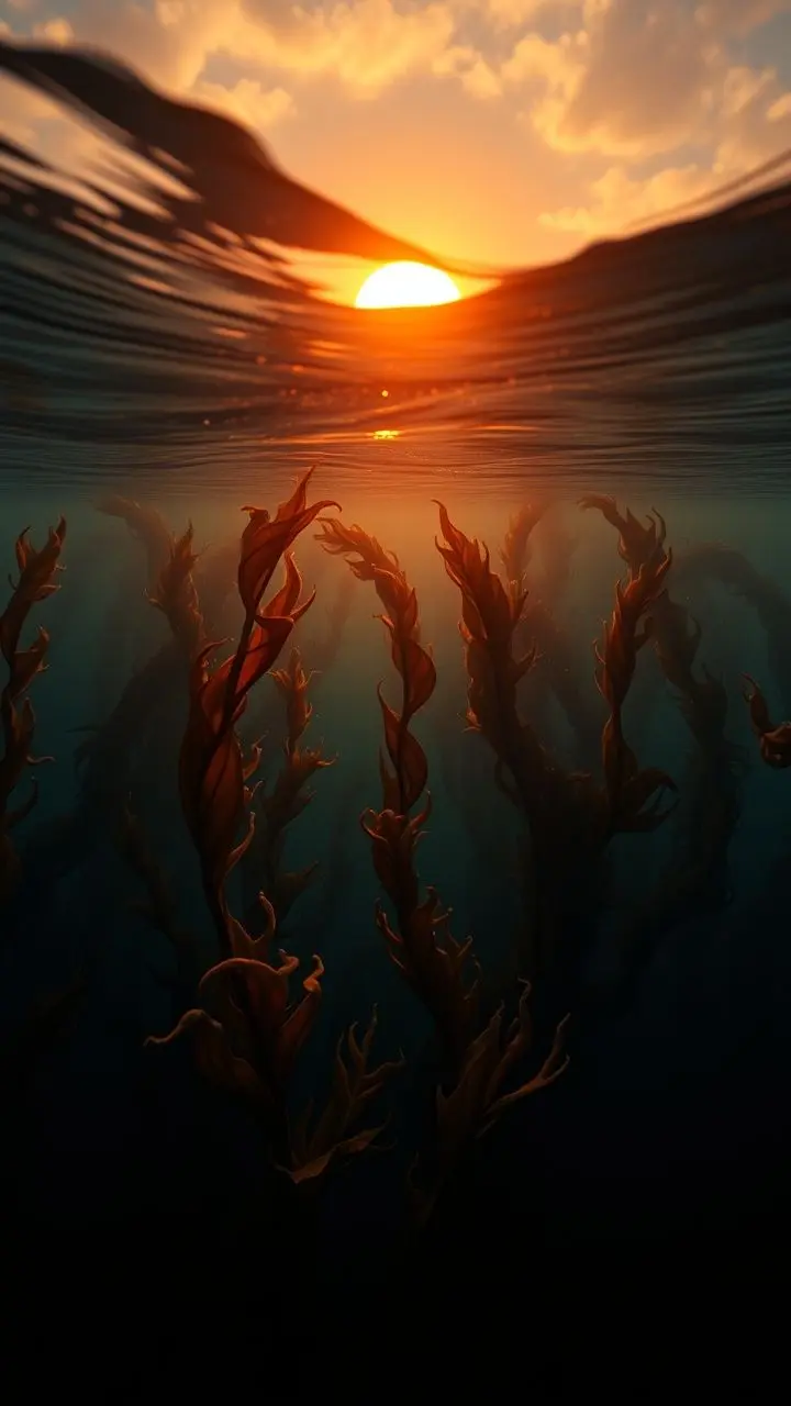 Underwater view of kelp forest with sunset light.