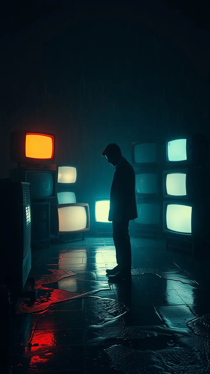 Shadowy figure of Kennedy near vintage TVs in a rainy, dimly lit hotel lobby with AI hallucinations.