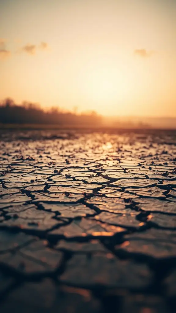Cracked muddy terrain in Kentucky with floating debris, oil painting style, bokeh background.