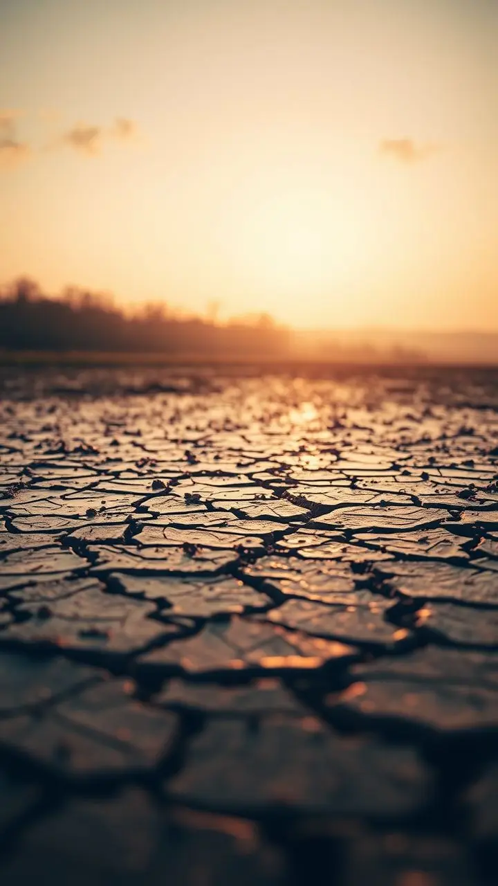 Cracked muddy terrain in Kentucky with floating debris, oil painting style, bokeh background.