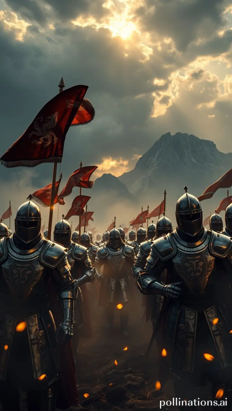 Knights in shining armor marching through fog at dawn with storm clouds and mountains in the background.