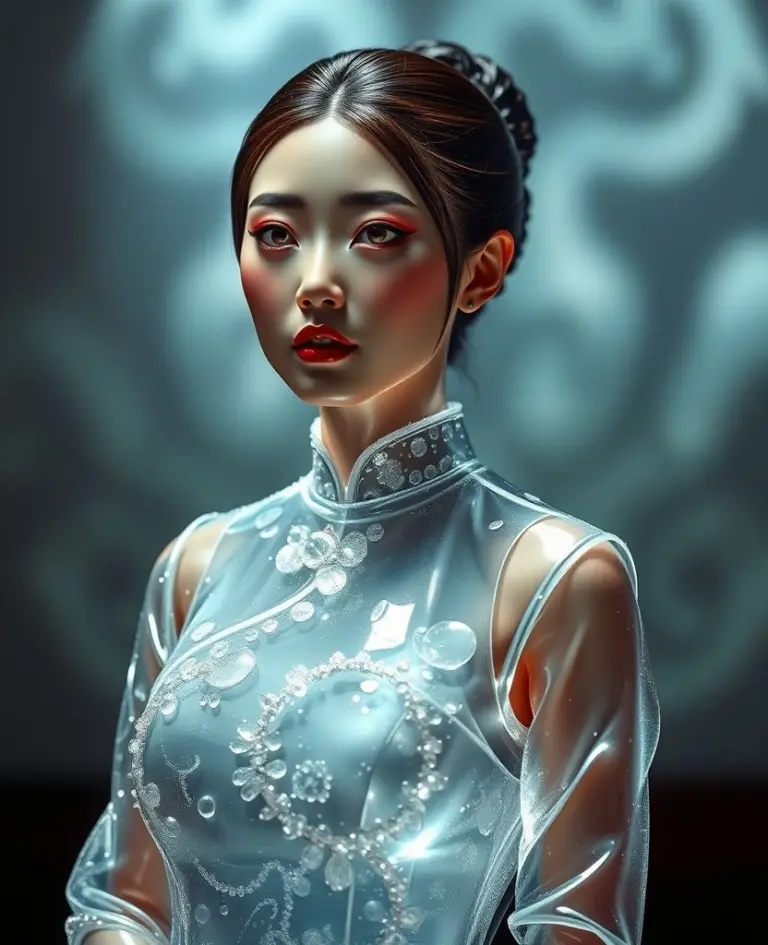 Crystal sculpture of a Korean spy in a translucent cheongsam.