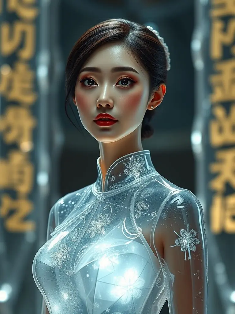 Hyper-realistic sculpture of a Korean spy in a transparent cheongsam, resembling a water crystal.