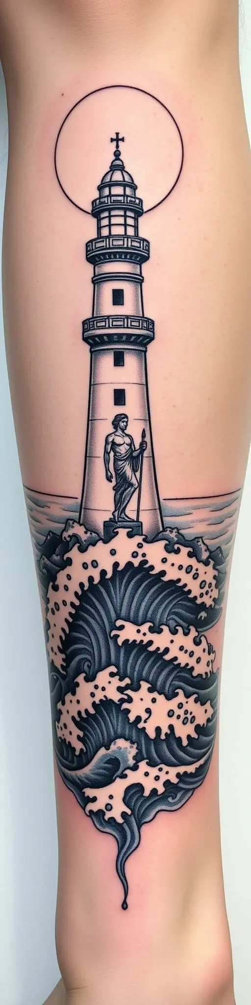 Korean tattoo art of a lighthouse and Poseidon on a calf.