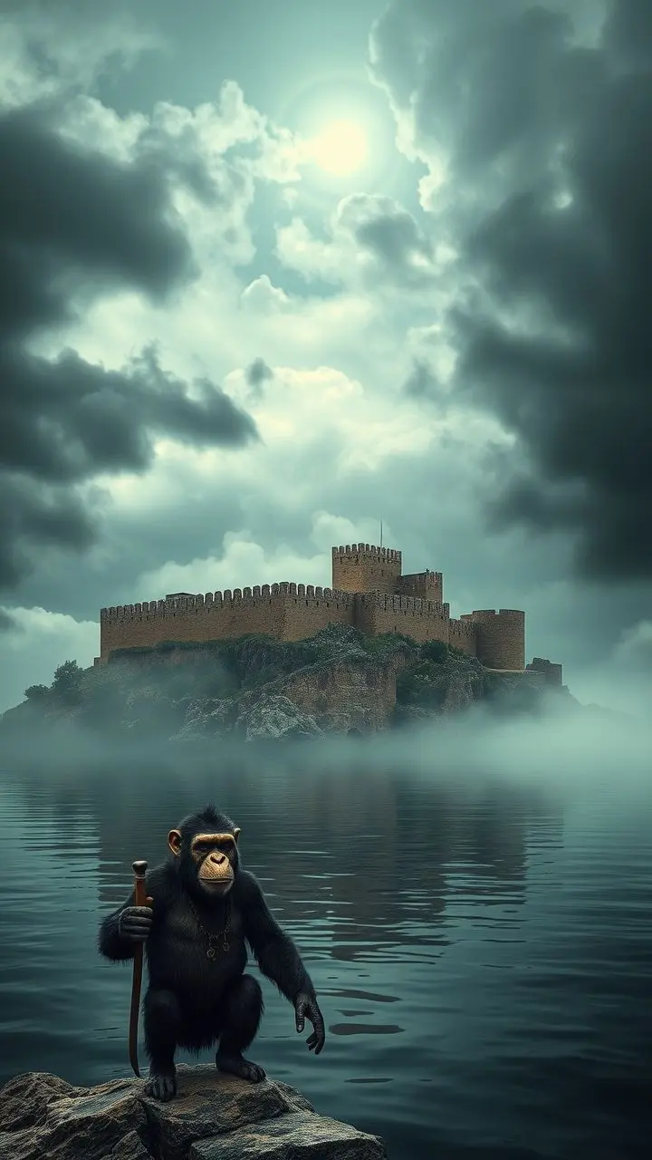 Krak des Chevaliers castle under a stormy sky with reflections and a Bored Ape.