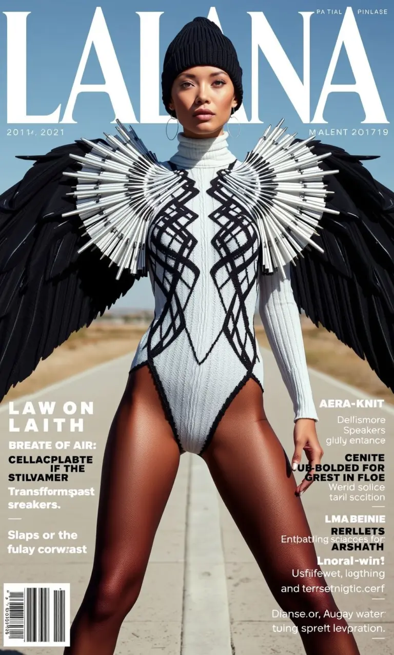 Magazine cover with a fashion model wearing a Kyla-Diamond-Bodysuit with extended shoulder silhouette.
