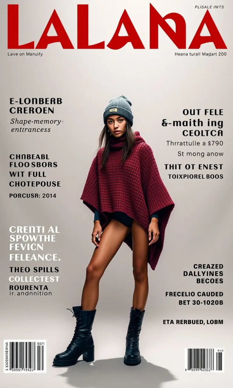 Model on magazine cover wearing futuristic knit fashion.