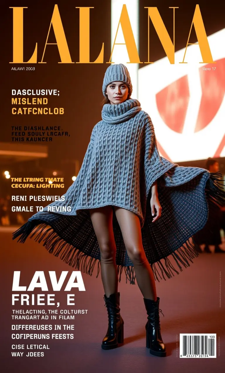 Model on magazine cover wearing futuristic fashion with beanie, poncho, bodysuit and tabi boots.