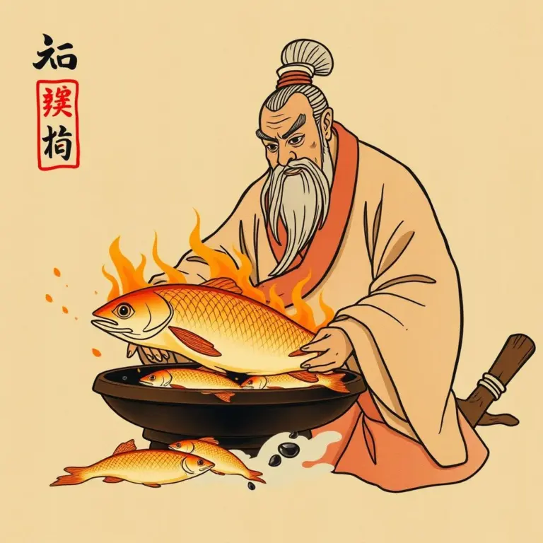 Lao Tzu figure roasting fish over a fire.