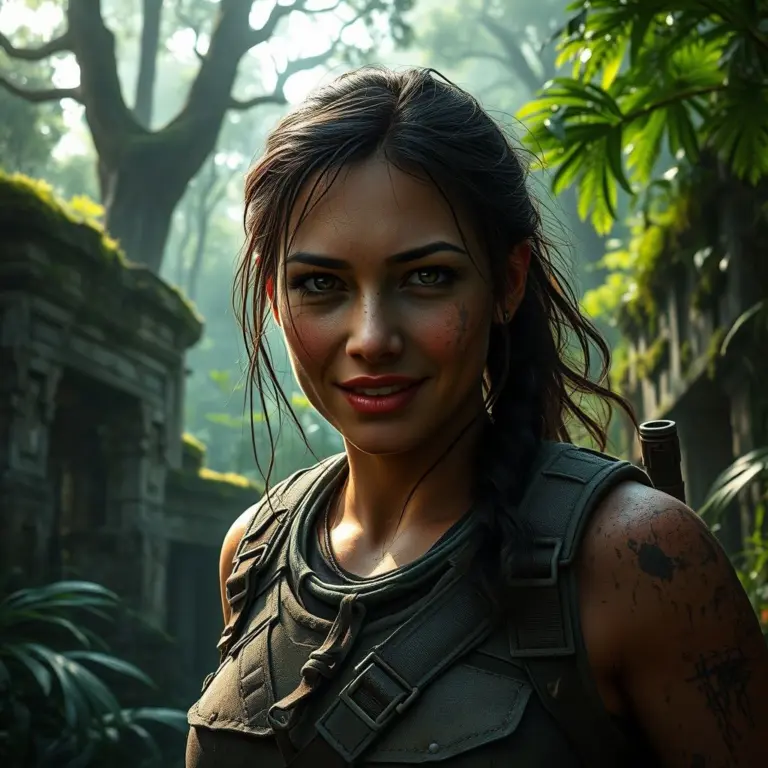 Lara Croft looking determined in a jungle.