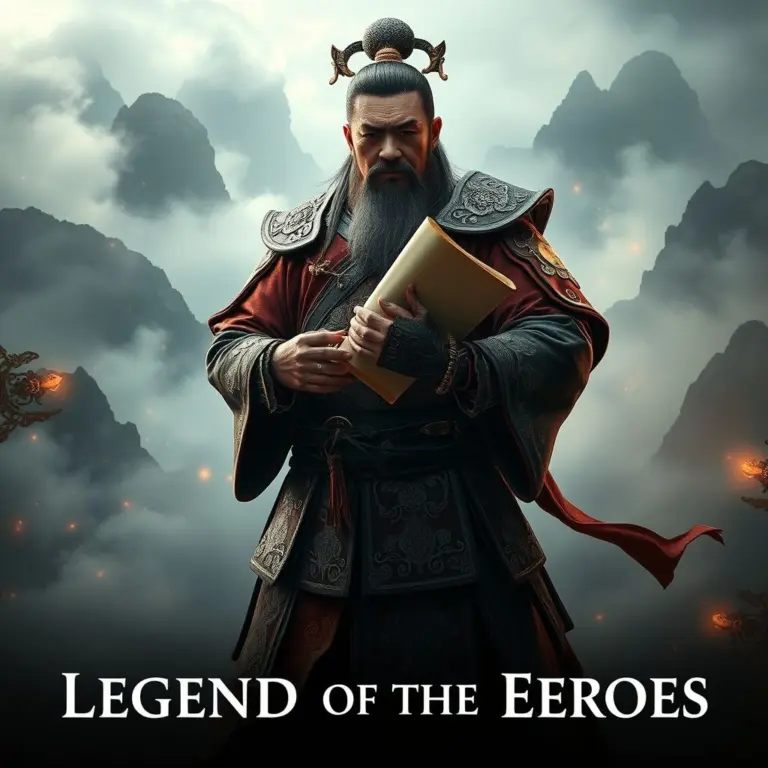 Martial arts master in ornate armor holding scrolls in misty mountains with glowing energy.