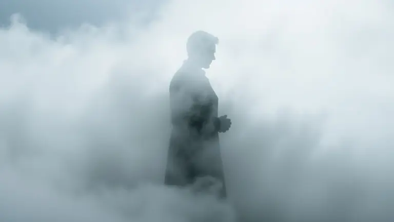 Silhouette of Lermontov fading into fog