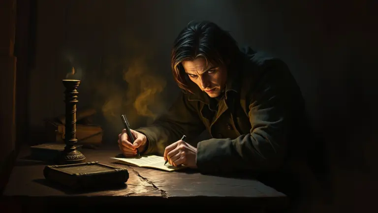 A brooding figure writing by torchlight, eyes haunted.