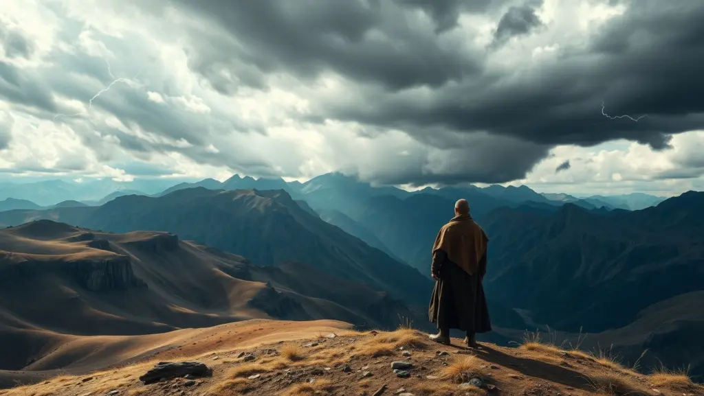 A man resembling Lermontov stands alone in the Caucasus mountains with a stormy sky.