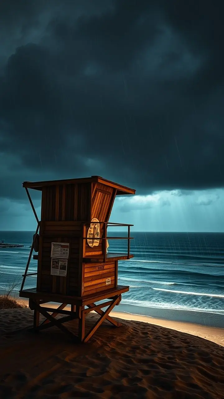 Lifeguard tower on a beach during a rainstorm with light painting.