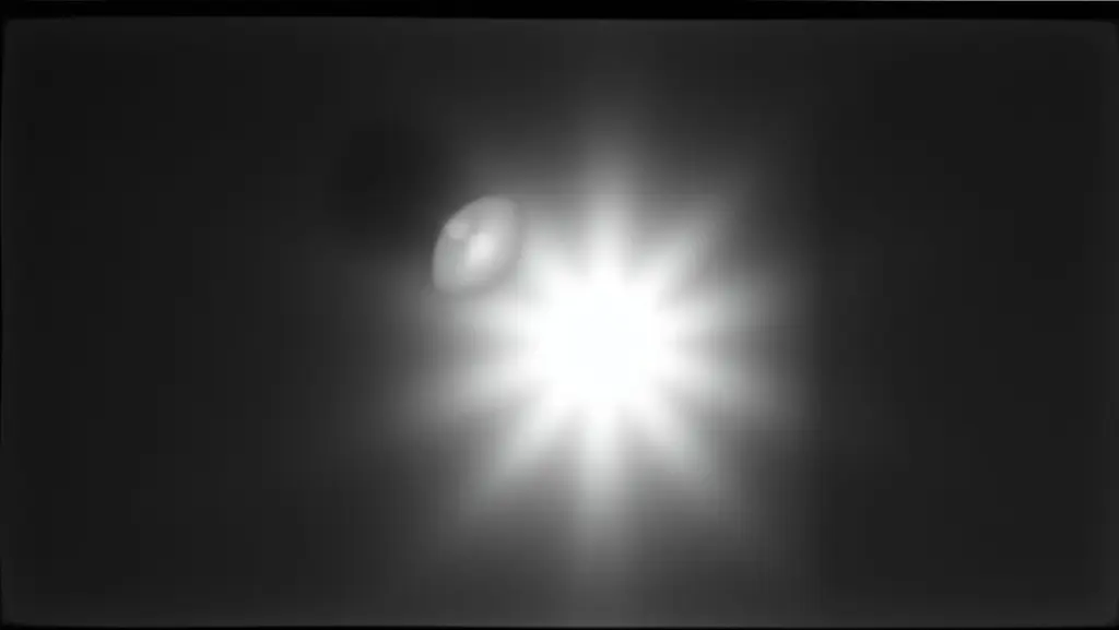 Grainy black and white image of a lightbulb resembling a sun with strong contrast.