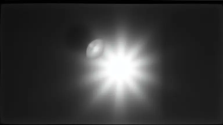 Grainy black and white image of a lightbulb resembling a sun with strong contrast.