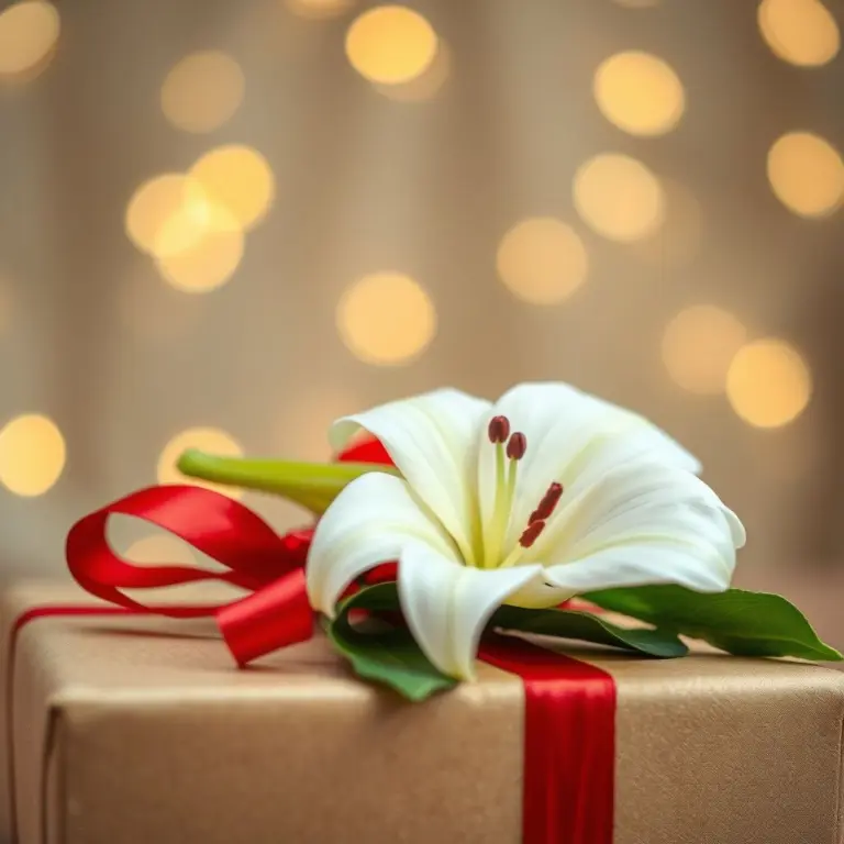 White lily on a gift box with a red ribbon and fairy lights.