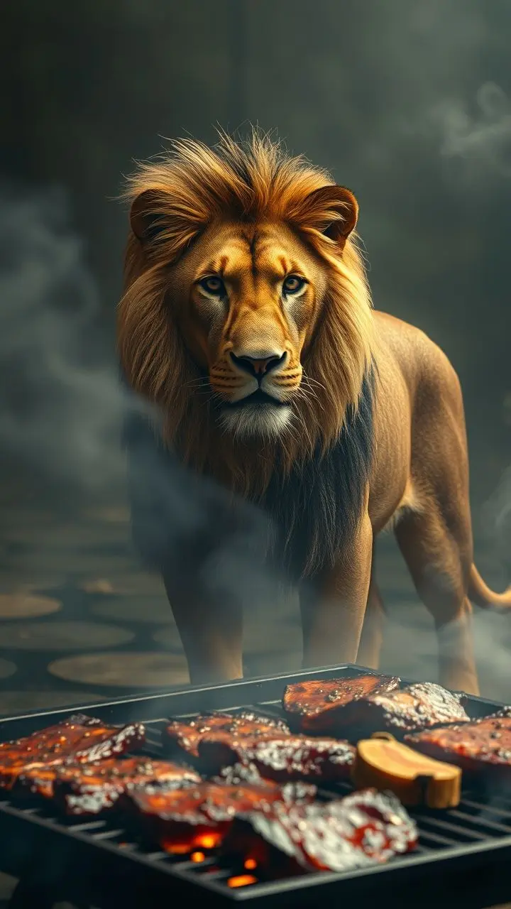 Lion in a smoky barbecue scene with melting dust.