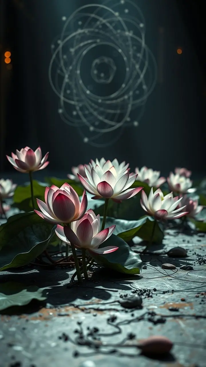 Lotus flowers in bloom with AI patterns near corroded pavement and a geoengineering facility.