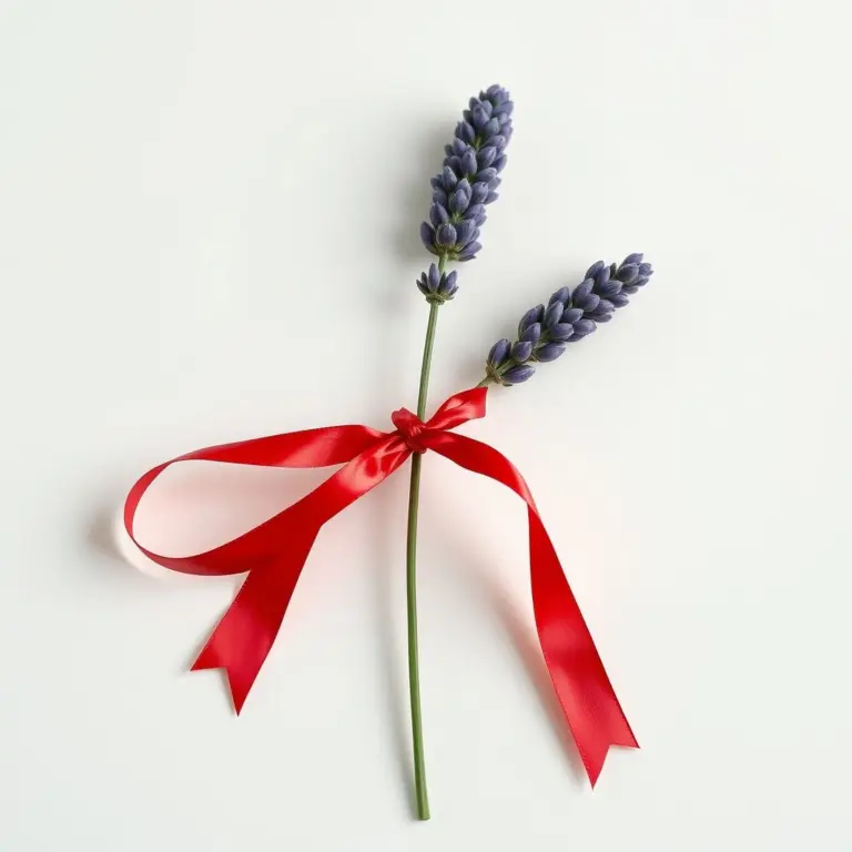 Lavender stem and red ribbon on a love letter