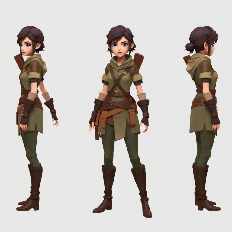 3D model of a female archer character, front and side views.