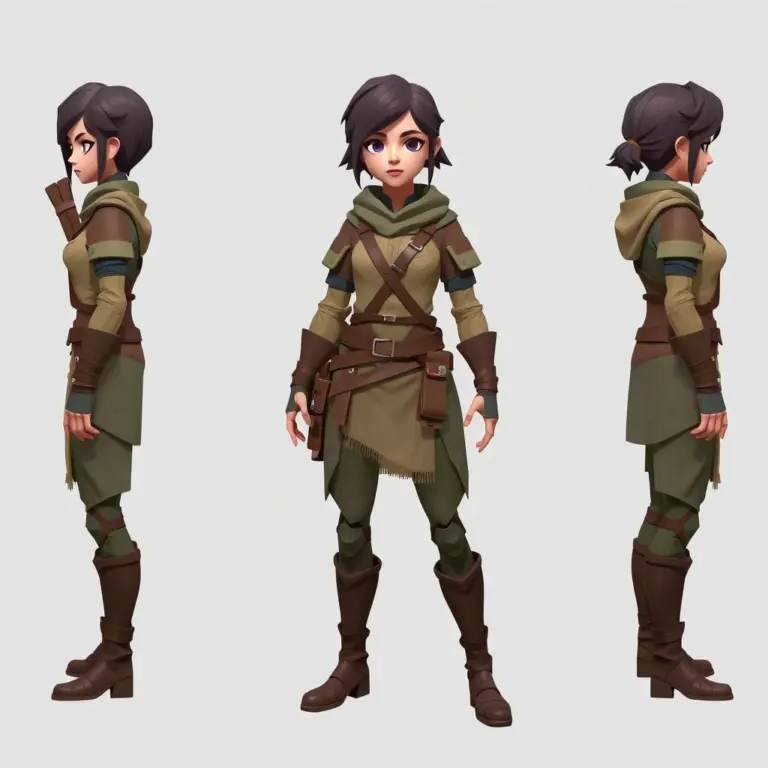 3D model turnaround sheet of a low-poly female archer character.