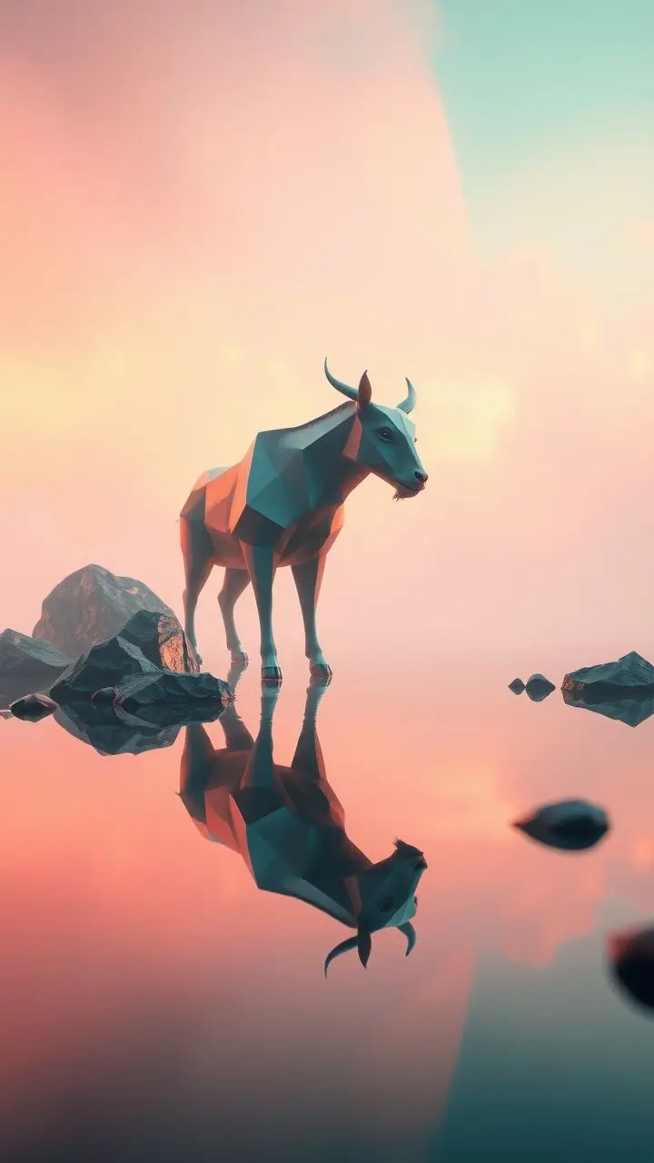 Low-poly animal in oxidized colors with mirrored pools and vaporwave palette.