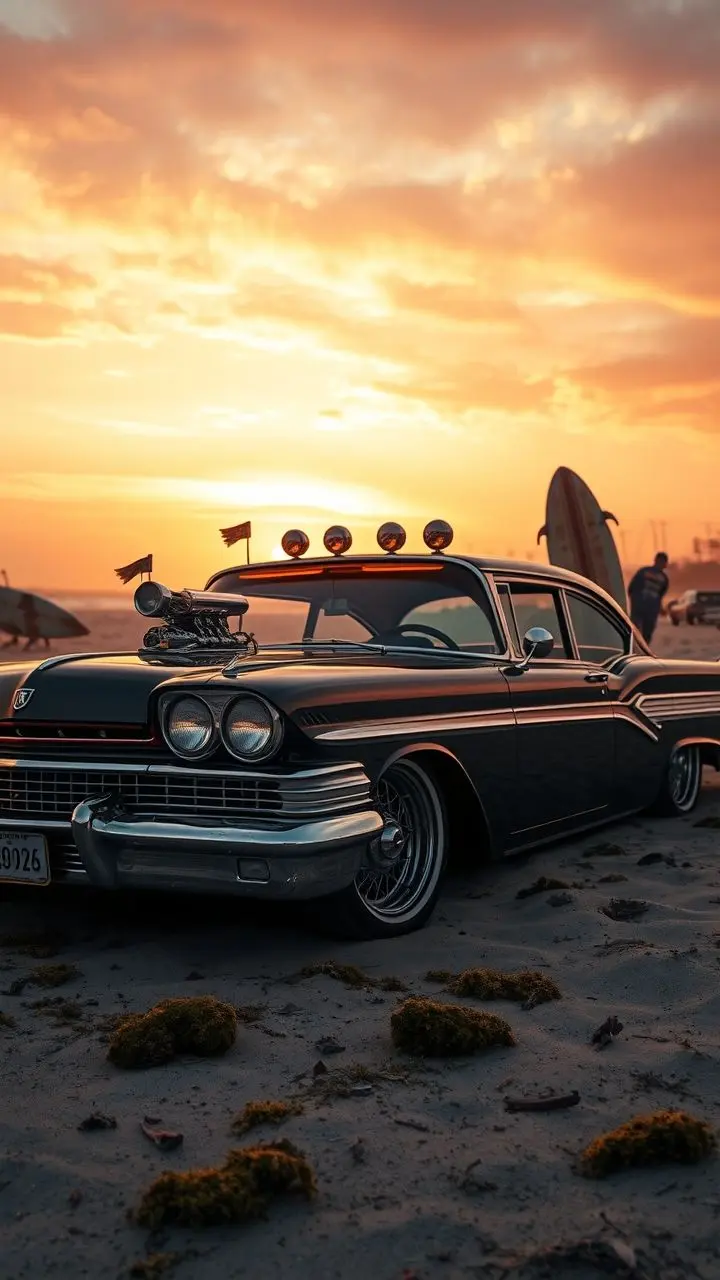 Vintage lowrider on a beach at sunrise, film noir style.