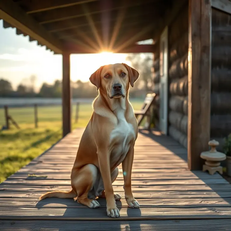 Dog sitting on a wooden porch in the sun.