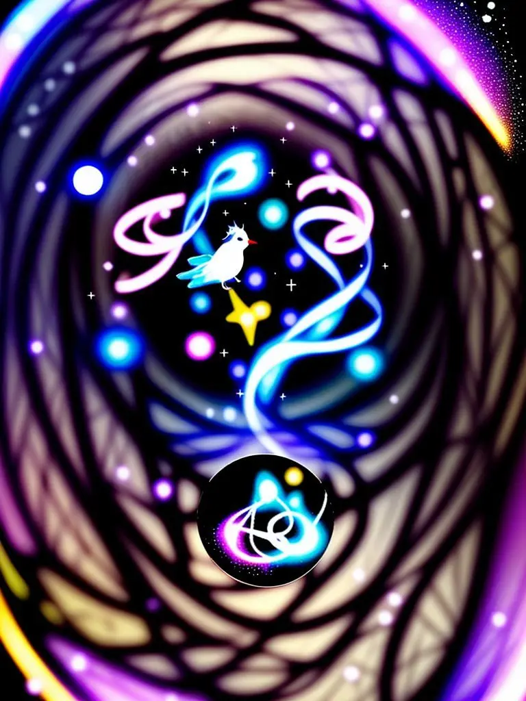 A black page with a single small, glowing pink-purple bird, resembling a star, and soft text.