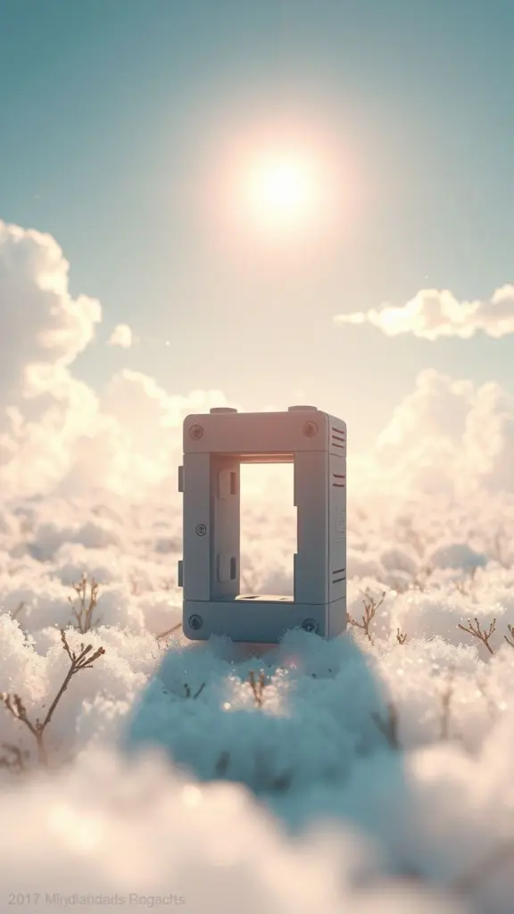 Open circuit breaker in a misty, trackback landscape under a stylized sky.