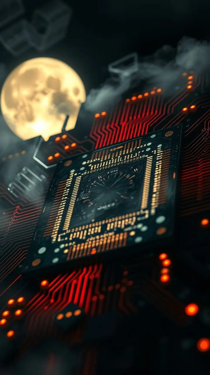 Close-up of a microchip with frost bloom during a lunar eclipse.