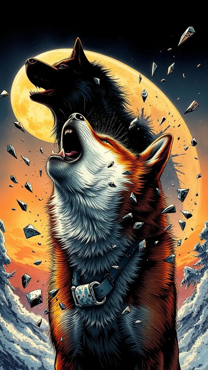 Shiba Inu howling at a fractured moon.