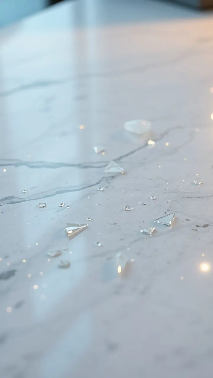 Polished quartz countertop with lunarpunk glow and transparent shards.