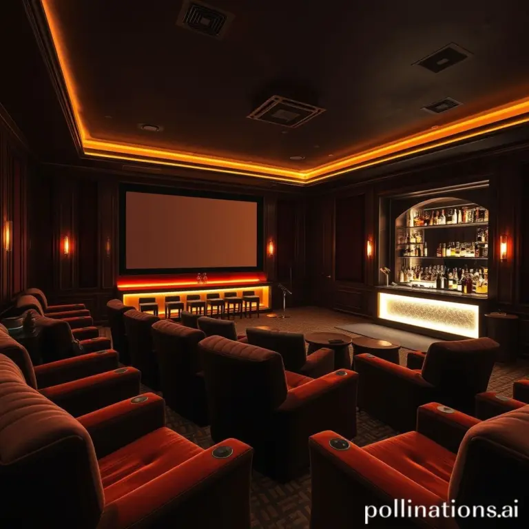 Dimly lit luxury cinema with velvet sofas and a glowing bar, Art Deco style.