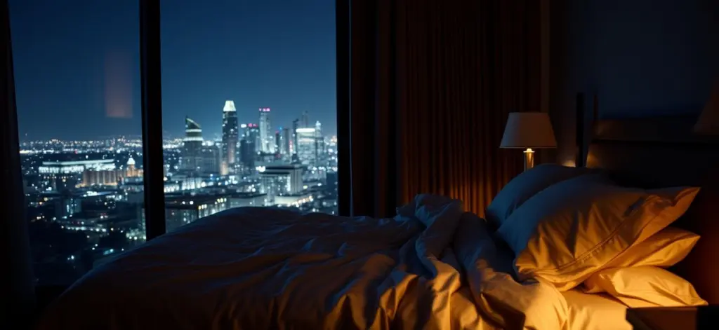 Dimly lit luxurious bedroom with silk sheets and Los Angeles skyline at night.