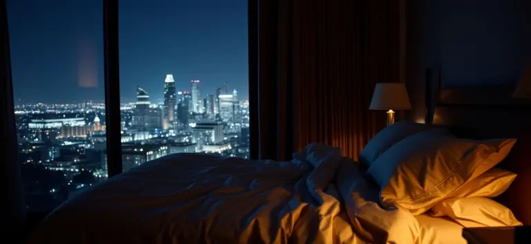 Dimly lit luxurious bedroom with silk sheets and Los Angeles skyline at night.