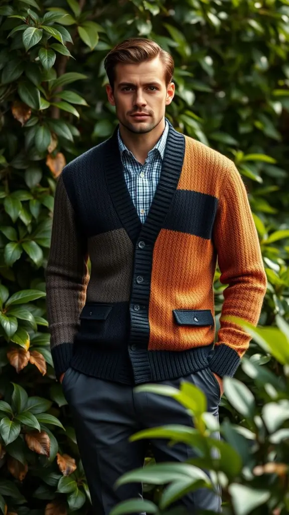 Men's color-blocked knitted cardigan