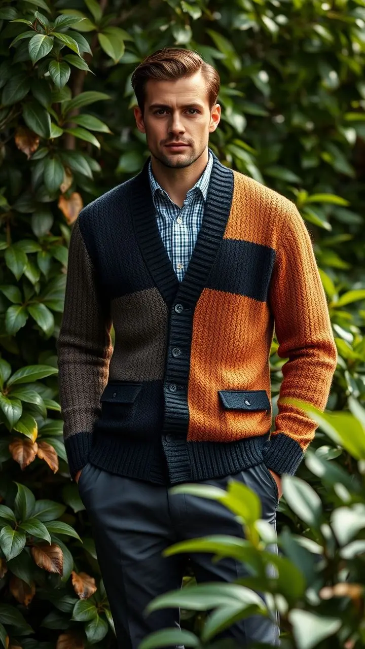 Men's color-blocked knitted cardigan